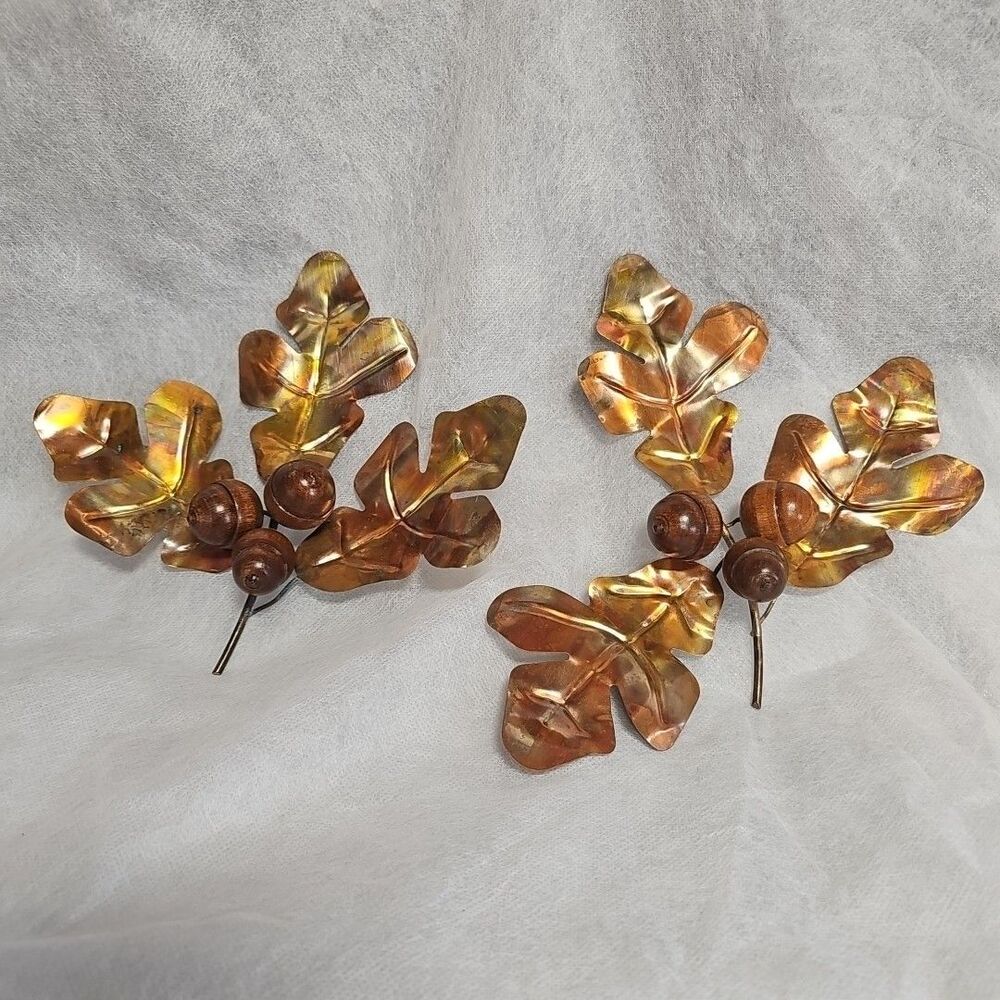 Vintage 70'sHomco Copper Oak Leaves Wooden Acorn Wall Hangings 7.5 Inches Metal